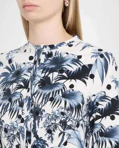 Oscar de la Renta 3/4-Sleeve Dotted Palm Print Poplin Midi Shirtdress | Thumbnail 4