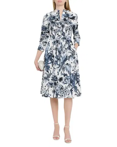 Oscar de la Renta 3/4-Sleeve Dotted Palm Print Poplin Midi Shirtdress | Thumbnail 1