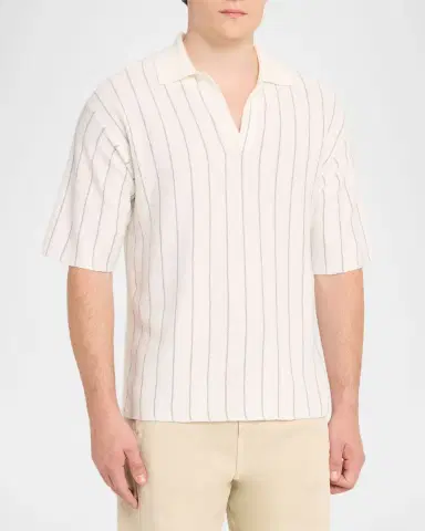 Helmut Lang Men's Linen and Cotton Stripe Johnny Collar Polo Shirt | Thumbnail 4 Helmut Lang Men's Linen and Cotton Stripe Johnny Collar Polo Shirt | Thumbnail 4