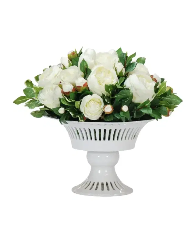 Winward Home Roses & Camellia Buds 15" Faux Floral Arrangement in Porcelain Vase