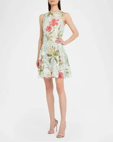 Oscar de la Renta Chine Multi Floral-Print Guipure Lace Mini Dress | Thumbnail 3
