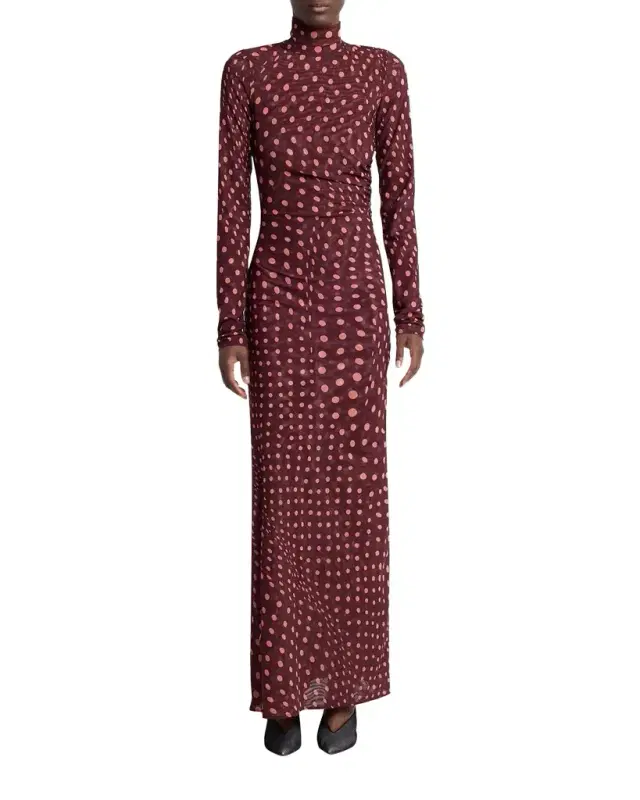 Stella McCartney Turtleneck Polka Dot Mesh Long-Sleeve Maxi Dress