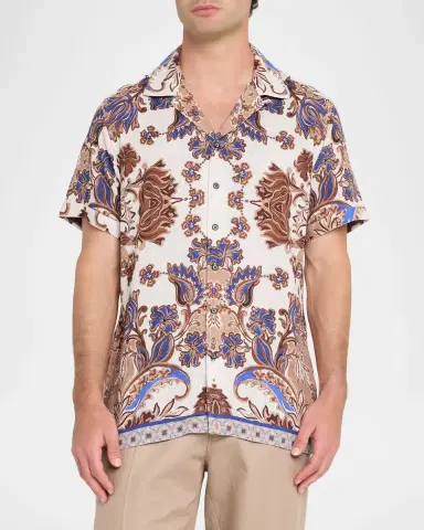 Robert Graham Men's Dunbridge Printed Cotton-Linen Camp Shirt | Thumbnail 4 Robert Graham Men's Dunbridge Printed Cotton-Linen Camp Shirt | Thumbnail 4
