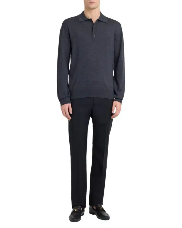 Men 's Wool VLogo Embroidered Long-Sleeve Polo Shirt