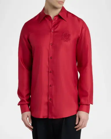 Dolce & Gabbana Men's Silk Tonal Logo Crest Sport Shirt | Thumbnail 3