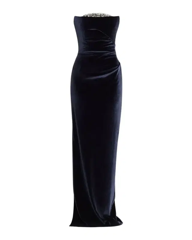 Strapless Crystal Embellished Velvet Column Gown