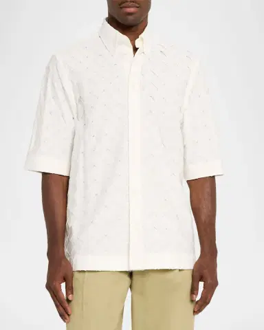 Bottega Veneta Men's Poplin Intrecciato Short-Sleeve Shirt | Thumbnail 3 Bottega Veneta Men's Poplin Intrecciato Short-Sleeve Shirt | Thumbnail 3