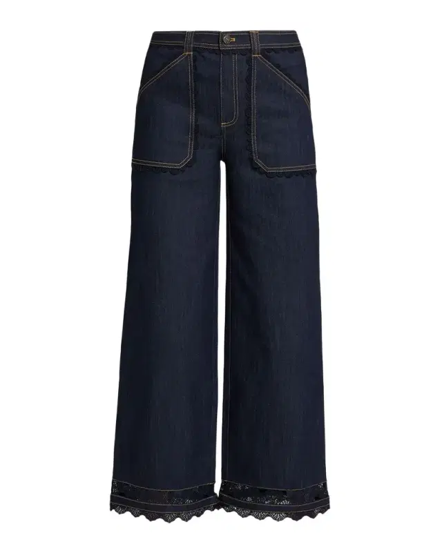 Cinq a Sept Scalloped Lace-Trimmed Wide-Leg Jeans