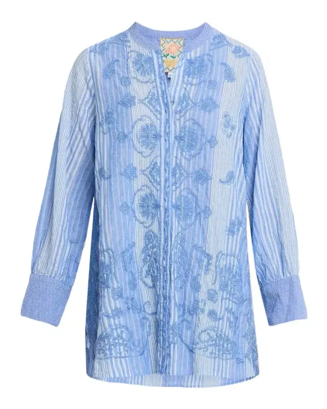 Johnny Was Voyager Embroidered Striped Cotton Tunic