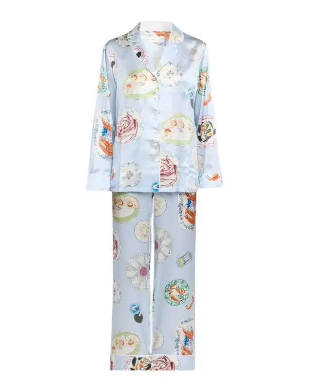 Olivia von Halle Lila Cadiz Seafood-Print Silk Satin Pajama Set