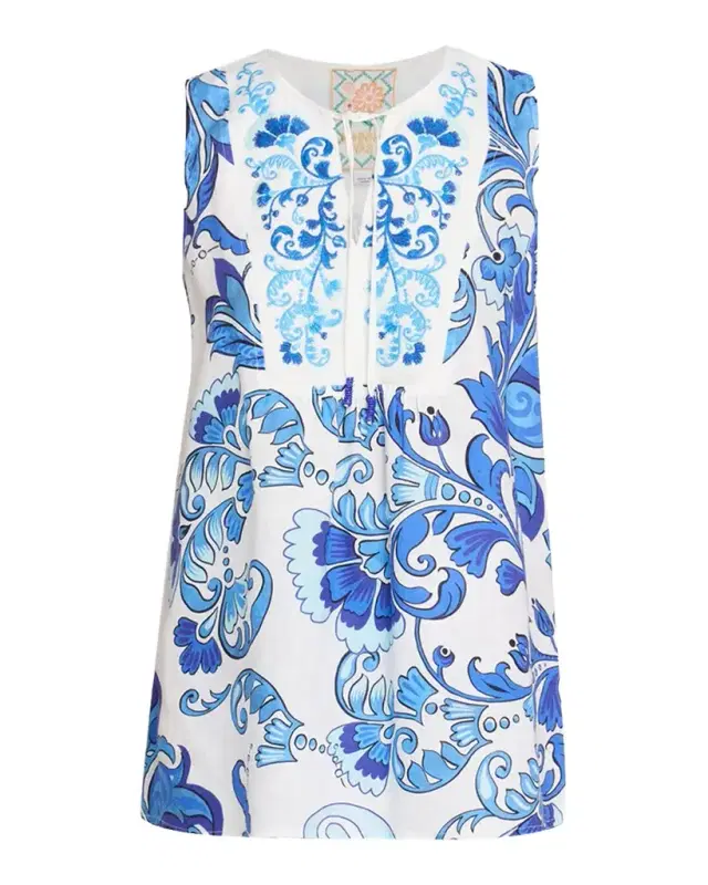 Johnny Was Embroidered Floral-Print Linen Tank Top