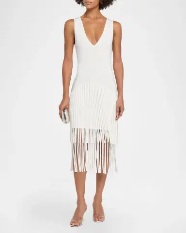 Toccin Patricia V-Neck Seamed Midi Dress with Fringe | Thumbnail 2 Toccin Patricia V-Neck Seamed Midi Dress with Fringe | Thumbnail 2