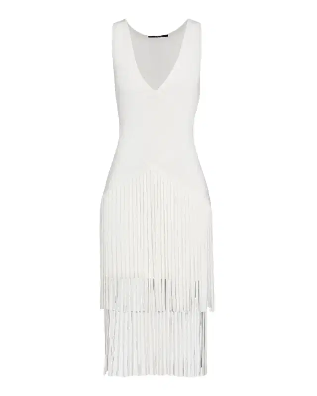 Toccin Patricia V-Neck Seamed Midi Dress with Fringe
