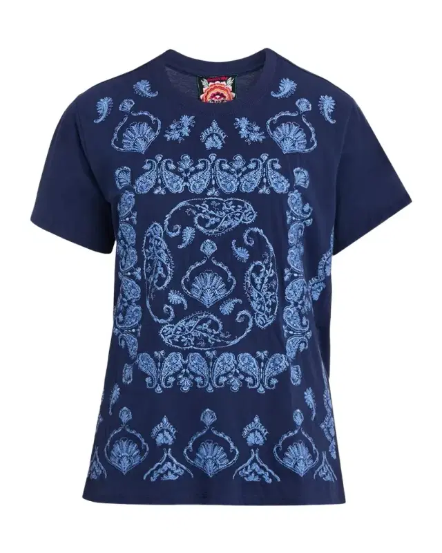 Johnny Was Paisley-Embroidered Cotton Tee
