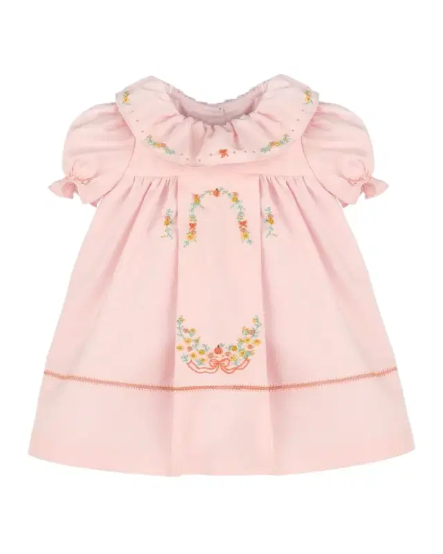 Girl 's Pumpkin Embroidered Ruffled Cotton Dress, Size 3M-24M