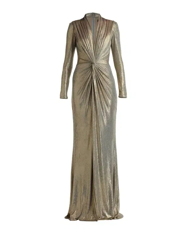 Twist-Front Metallic Jersey Column Gown