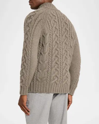 Brunello Cucinelli Men's Lofted Cashmere Cable Knit Full-Zip Cardigan | Thumbnail 3 Brunello Cucinelli Men's Lofted Cashmere Cable Knit Full-Zip Cardigan | Thumbnail 3