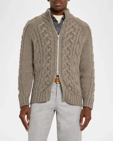 Brunello Cucinelli Men's Lofted Cashmere Cable Knit Full-Zip Cardigan | Thumbnail 4 Brunello Cucinelli Men's Lofted Cashmere Cable Knit Full-Zip Cardigan | Thumbnail 4