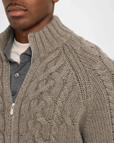 Brunello Cucinelli Men's Lofted Cashmere Cable Knit Full-Zip Cardigan | Thumbnail 5 Brunello Cucinelli Men's Lofted Cashmere Cable Knit Full-Zip Cardigan | Thumbnail 5