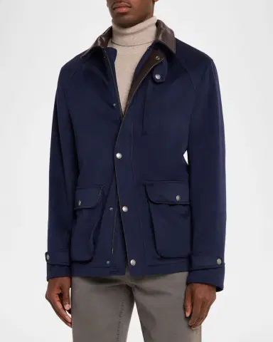 Brunello Cucinelli Men's Wool Leather-Trim Field Jacket | Thumbnail 4 Brunello Cucinelli Men's Wool Leather-Trim Field Jacket | Thumbnail 4