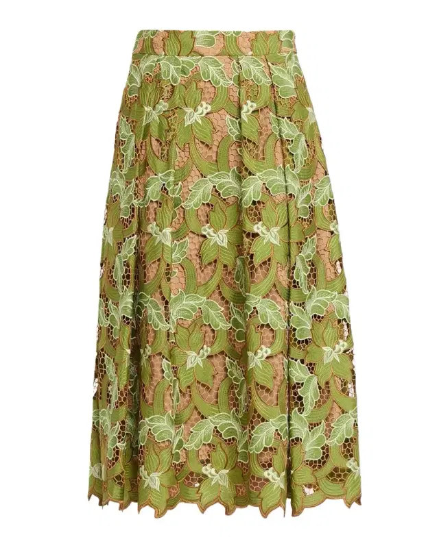 Elie Tahari The Hailey Pleated Floral Lace Midi Skirt