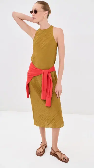 Tibi The Crinkle Slip Midi Bias Dress Mustard 6 | Thumbnail 2