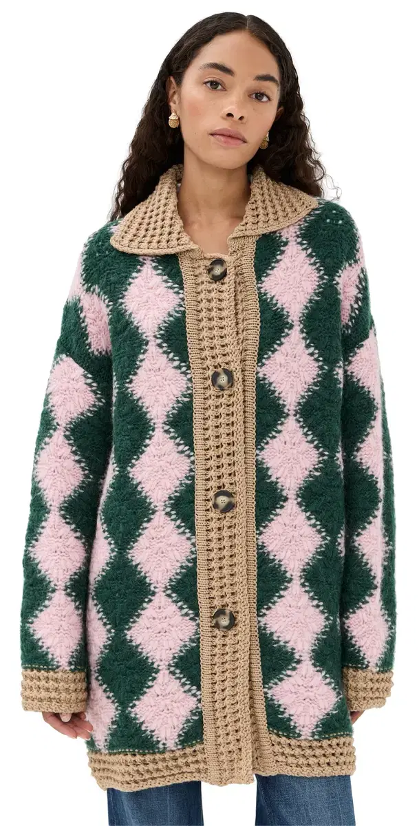 La DoubleJ Crochet Bowling Cardigan ulti Pink/Dark Green/Beige