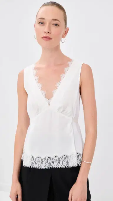 3.1 Phillip Lim Sleeveless Satin V Neck with Lace Trim White | Thumbnail 2