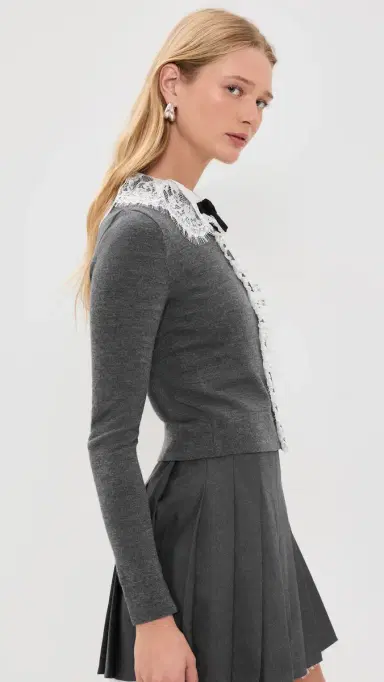 Self Portrait Lace Collar Knit Cardigan Grey | Thumbnail 4 Self Portrait Lace Collar Knit Cardigan Grey | Thumbnail 4