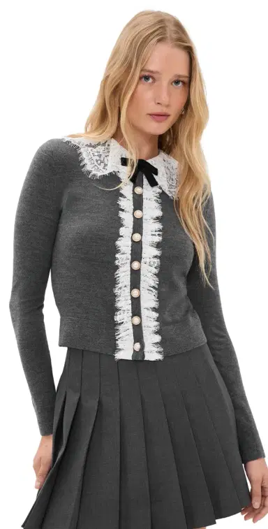 Self Portrait Lace Collar Knit Cardigan Grey | Thumbnail 1 Self Portrait Lace Collar Knit Cardigan Grey | Thumbnail 1