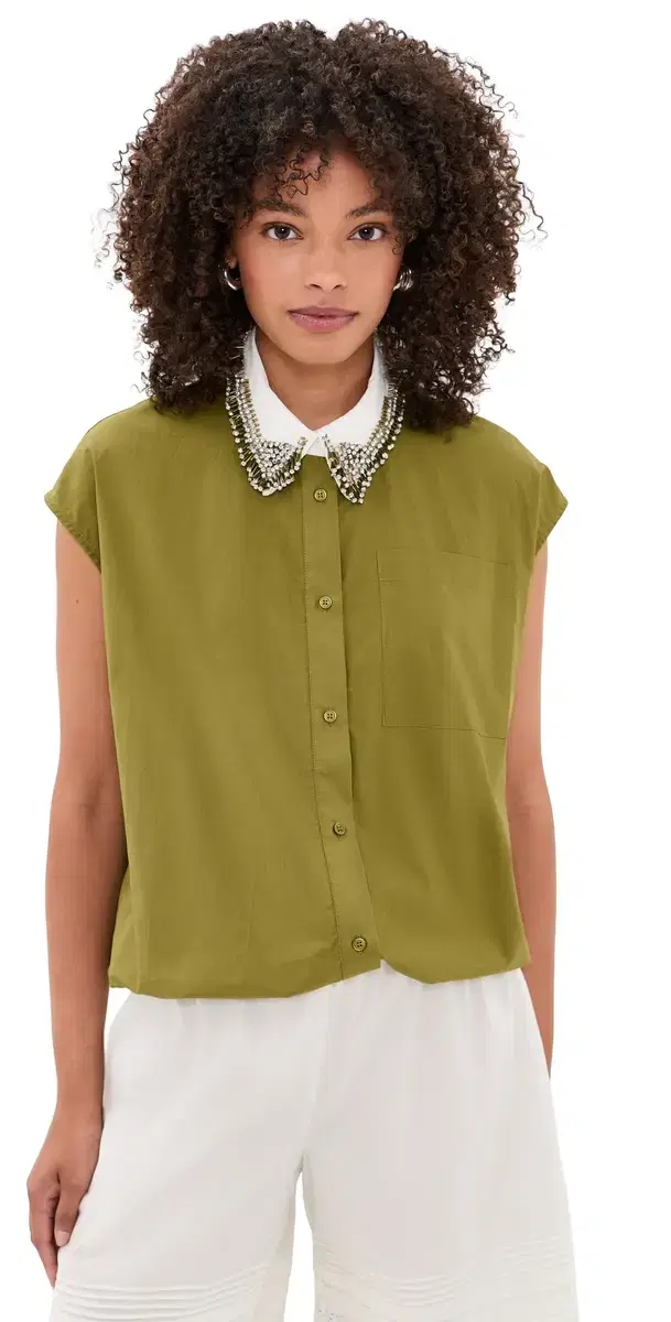 ESSENTIEL ANTWERP Janky Beaded Collar hirt Avocado