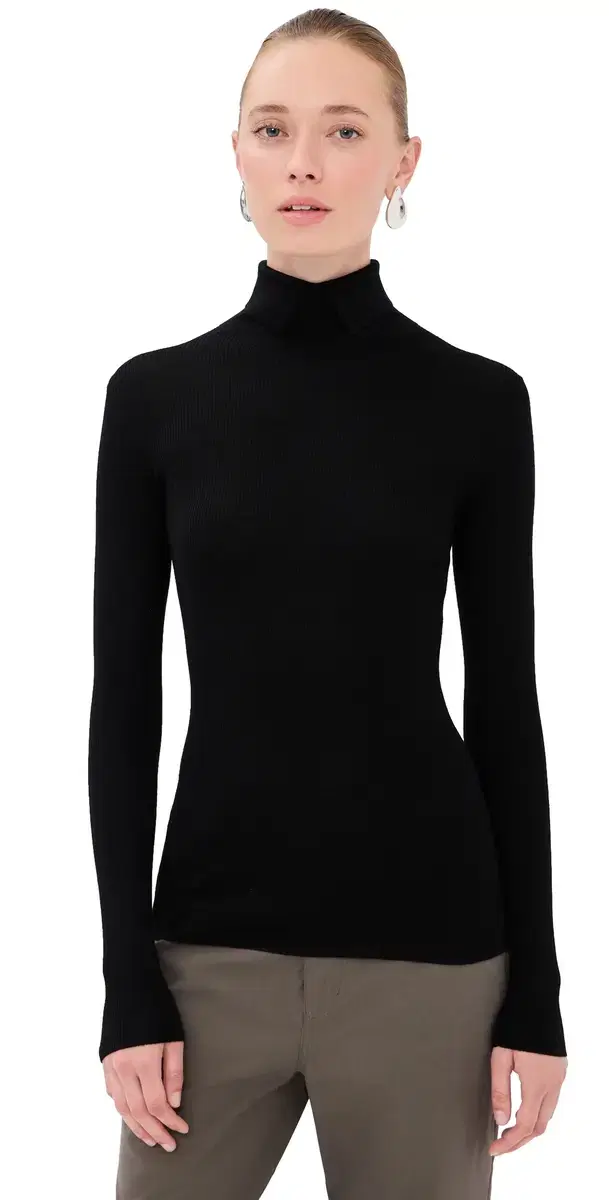 Featherweight Ribbed plit Neck Turtleneck weater Black