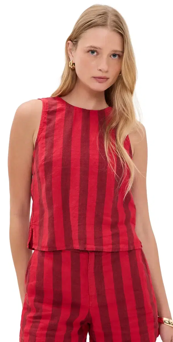 Tie-Back hell Top in 100% Linen Big Bayside tripe Enamel Red
