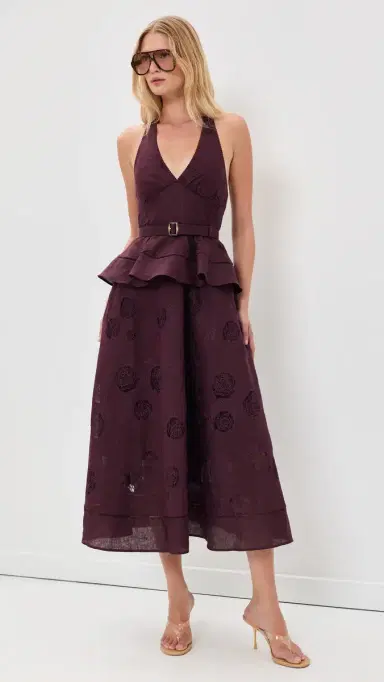Self Portrait Plum Linen Peplum Midi Dress Burgundy | Thumbnail 2 Self Portrait Plum Linen Peplum Midi Dress Burgundy | Thumbnail 2