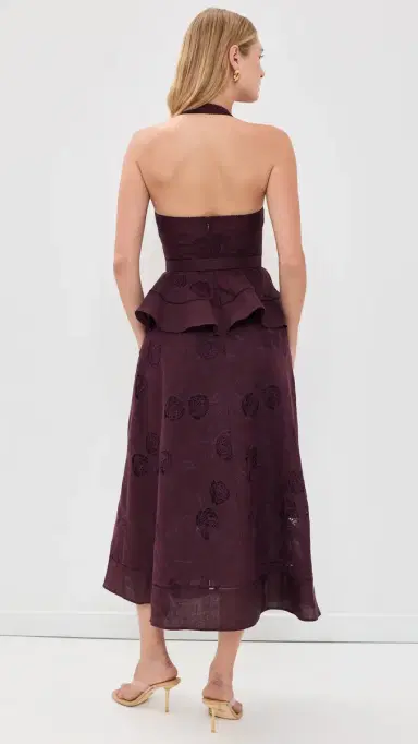 Self Portrait Plum Linen Peplum Midi Dress Burgundy | Thumbnail 3 Self Portrait Plum Linen Peplum Midi Dress Burgundy | Thumbnail 3