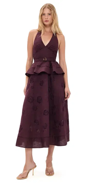 Self Portrait Plum Linen Peplum Midi Dress Burgundy | Thumbnail 1 Self Portrait Plum Linen Peplum Midi Dress Burgundy | Thumbnail 1