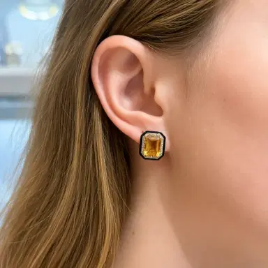 Wish Fine Jewelry 14.34ct Citrine Diamond Onyx 18K Gold Halo Stud Earrings | Thumbnail 2
