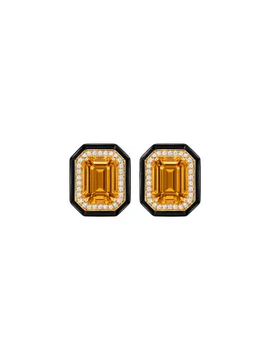 Wish Fine Jewelry 14.34ct Citrine Diamond Onyx 18K Gold Halo Stud Earrings | Thumbnail 1
