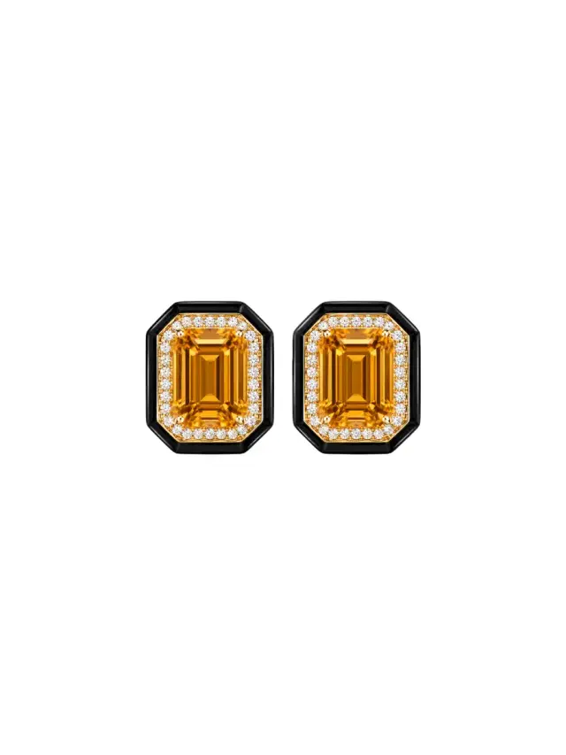 Wish Fine Jewelry 14.34ct Citrine Diamond Onyx 18K Gold Halo Stud Earrings