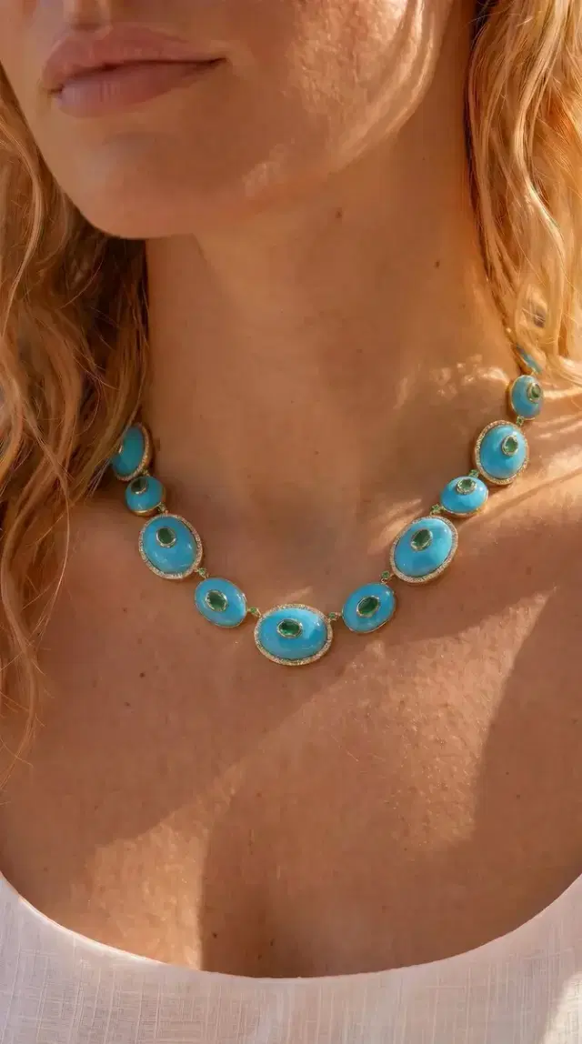 Wish Fine Jewelry 151.789ct Turquoise Emerald Diamond 18K Gold Statement Necklace