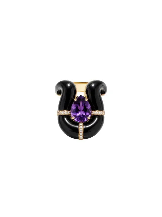 Wish Fine Jewelry 18.62ct Diamond Amethyst Onyx 18K Gold Hook Ring