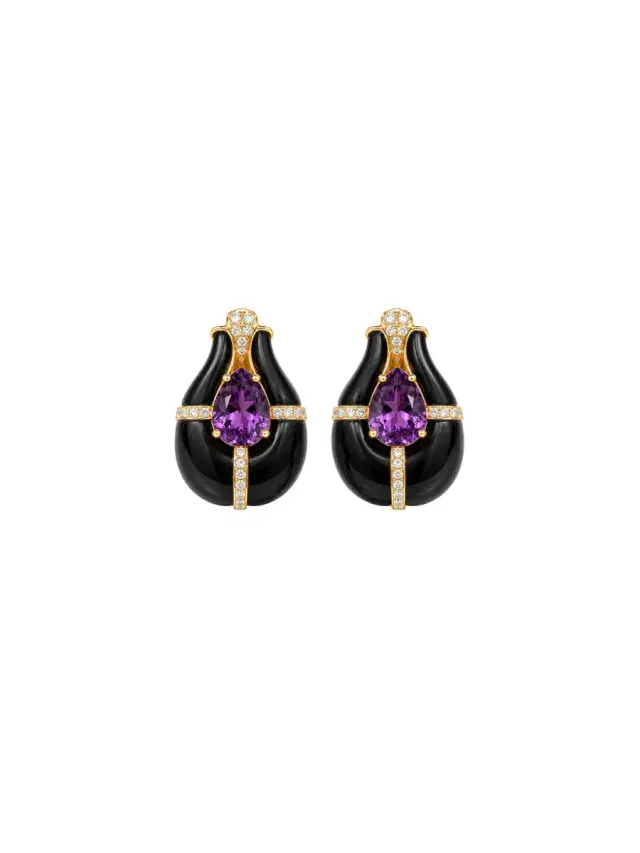 Wish Fine Jewelry 25.12ct Diamond Amethyst Onyx 18K Gold Statement Earrings