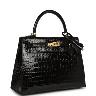 HERMÈS Hermes Kelly Sellier 25 Black Shiny Porosus Crocodile Gold Hardware | Thumbnail 2