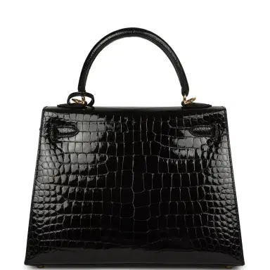 HERMÈS Hermes Kelly Sellier 25 Black Shiny Porosus Crocodile Gold Hardware | Thumbnail 4