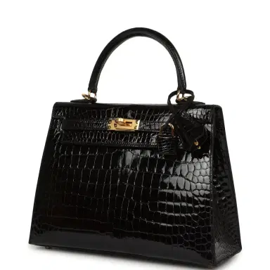 HERMÈS Hermes Kelly Sellier 25 Black Shiny Porosus Crocodile Gold Hardware | Thumbnail 5