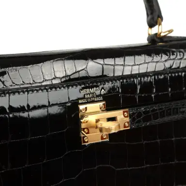 HERMÈS Hermes Kelly Sellier 25 Black Shiny Porosus Crocodile Gold Hardware | Thumbnail 7