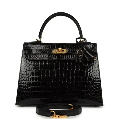 HERMÈS Hermes Kelly Sellier 25 Black Shiny Porosus Crocodile Gold Hardware | Thumbnail 1