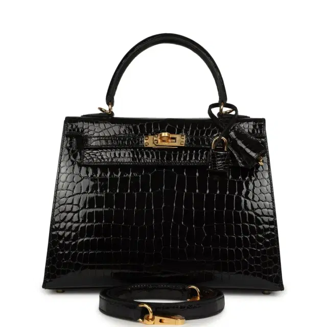 hermes Hermes Kelly Sellier 25 Black Shiny Porosus Crocodile Gold Hardware