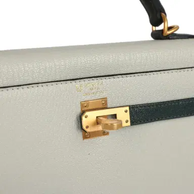 HERMÈS Pre-owned Hermes Special Order (HSS) Kelly Sellier 25 Gris Perle and Vert Titien Chevre Mysore Brushed Gold Hardware | Thumbnail 7 HERMÈS Pre-owned Hermes Special Order (HSS) Kelly Sellier 25 Gris Perle and Vert Titien Chevre Mysore Brushed Gold Hardware | Thumbnail 7