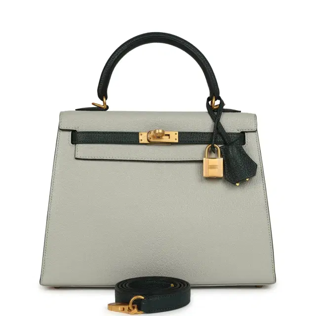 hermes Pre-owned Hermes Special Order (HSS) Kelly Sellier 25 Gris Perle and Vert Titien Chevre Mysore Brushed Gold Hardware